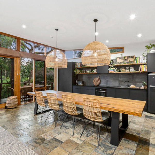 Modern dining table with timber top and black metl angles legs. Large table with 10 seats. Made to order in torquay Victoria. 